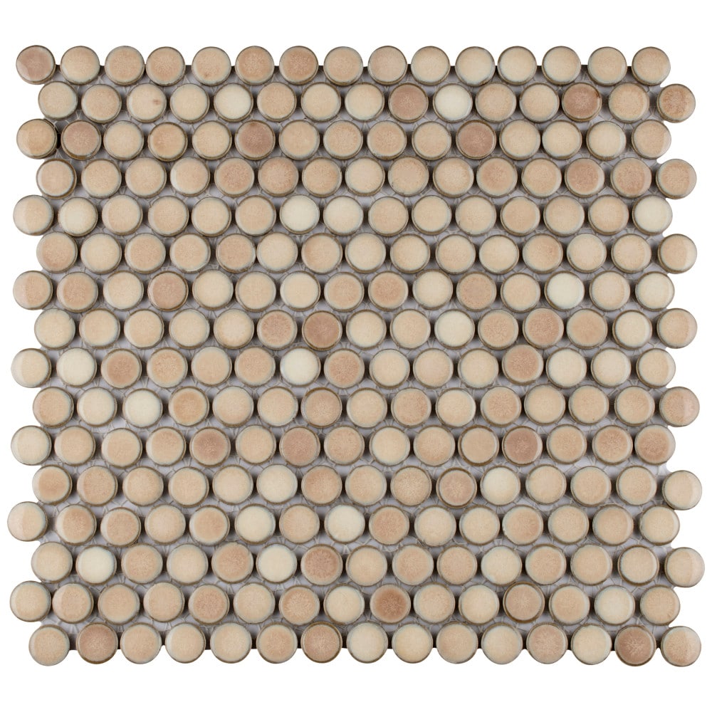 Affinity Tile Hudson Penny Round Truffle 12-in x 13-in Glossy Porcelain Round Mosaic Floor and Wall Tile ( 10.5-sq ft / Carton ) | FKOMPR71
